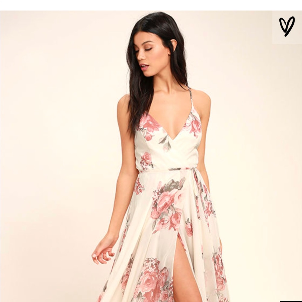 ELEGANT CREAM FLORAL PRINT WRAP MAXI DRESS